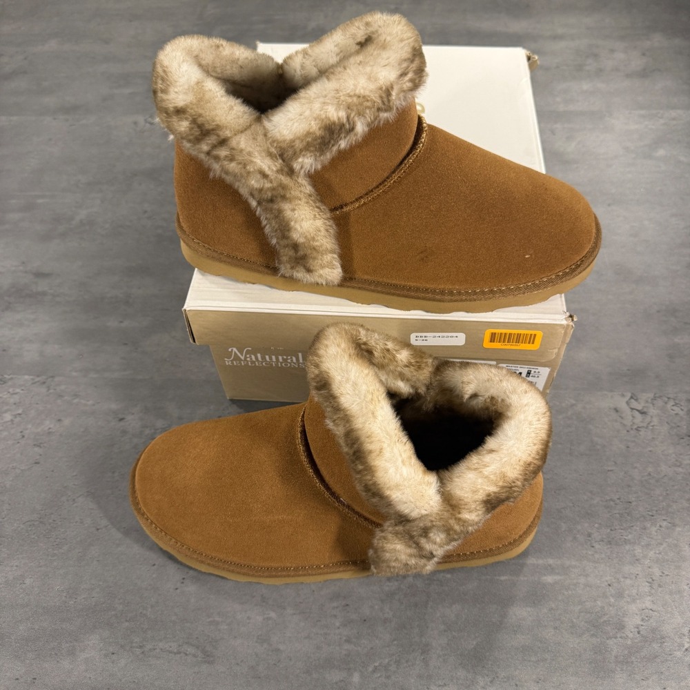 Natural Reflections Willa Fur Collar Moccasin Boots Womens 10 Tan Faux Fur NEW